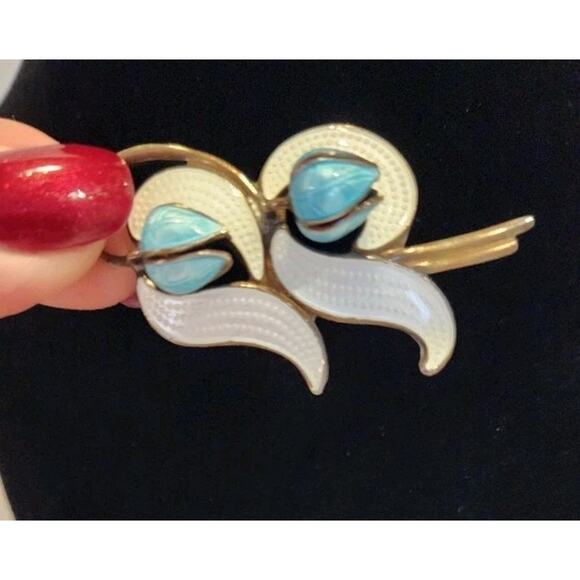 Vtg Norway Aksel Holmsen Signed Sterling Silver Enamel Lily Valley Flower Brooch
